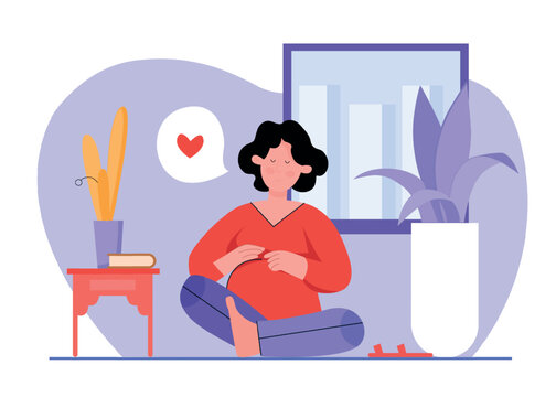 Yoga for pregnant woman flat vector illustration. Cartoon happy female character relaxing at home interior, meditating in lotus yogi asana, practicing pregnancy healthy lifestsyle isolated on white