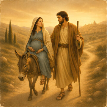 Biblical illustration of Joseph and pregnant Mary traveling on donkey road to Bethlehem on golden dawn background