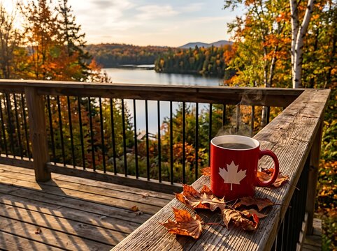 Cozy autumn morning on wooden deck overlooking lake , Fall And Autumn Season, Halloween, Thanksgiving