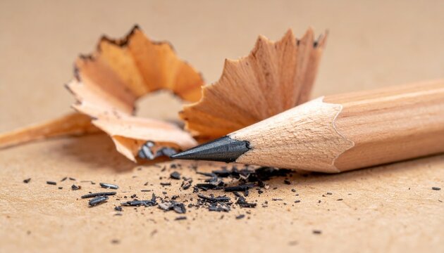 Sharpened wooden pencil with graphite tip and curled wood shavings, creative stationery concept