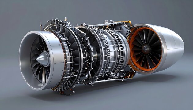 Jet engine cross section showing turbine stages and combustion chamber, aerospace engineering technology