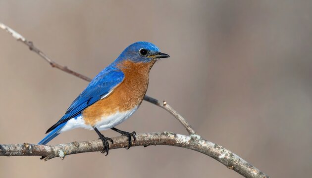 Eastern bluebird perched on a branch showing detailed blue and orange plumage