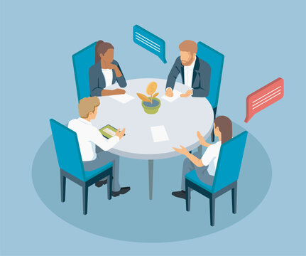 Business team discussing finance and investment around a table with money growth symbol, vector illustration
