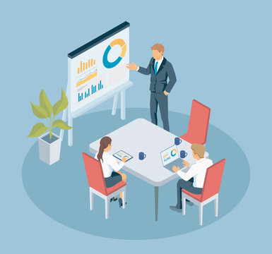 Business team attending presentation with charts and graphs during corporate meeting, vector illustration