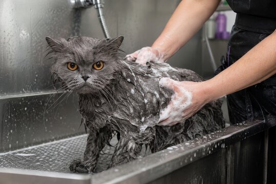 Groomer washing wet gray cat with yellow eyes in bathing sink at salon