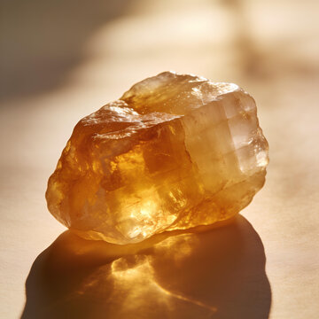 Raw yellow citrine crystal glowing in warm sunlight