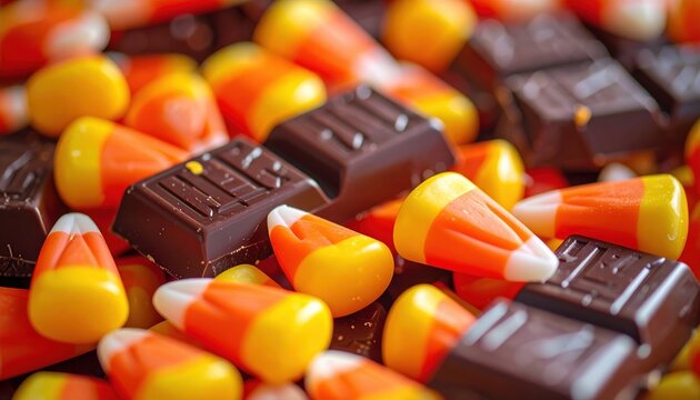 Assorted Halloween candy with orange candy corn and wrapped chocolate bars for festive party celebrations