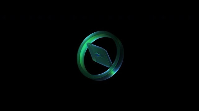 Luminous green glass compass icon rotating