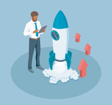 Businessman standing beside launching rocket and upward arrows symbolizing startup success and business growth, vector illustration