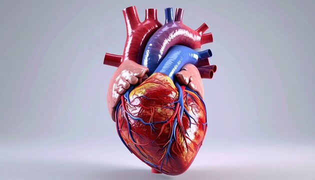 Human heart with detailed vessels and arteries, cardiovascular anatomy and medical education