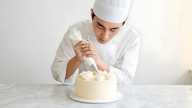 Pastry chef decorating a frosted cake with piped cream rosettes