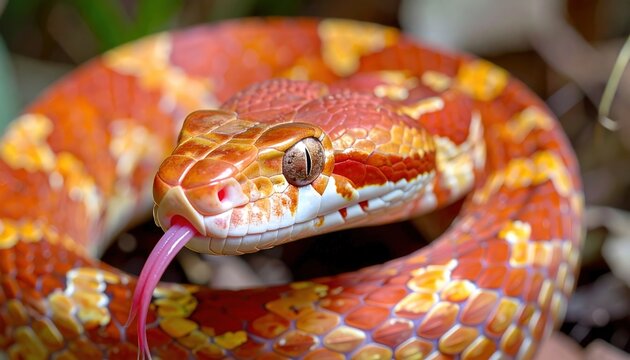 Corn snake with red and orange patterned scales crawling with tongue extended for reptile education