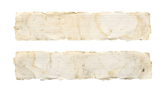 Vintage aged paper strips with coffee stains, weathered antique parchment banners, rustic torn paper texture for scrapbooking