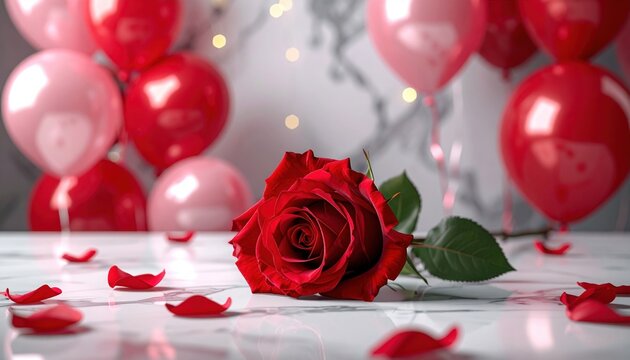 Red rose on marble table with festive balloons, Valentine Day celebration concept