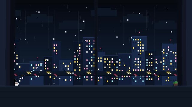 A cozy and atmospheric 16-bit pixel art animation of a dark room looking out a large window on a rainy night. Features satisfying raindrop merge physics on the glass, blurred city traffic lights, sway