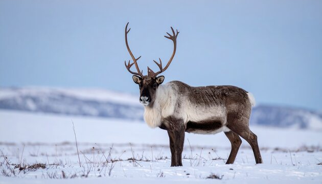 Majestic reindeer standing gracefully with impressive antlers and thick fur, Arctic wildlife