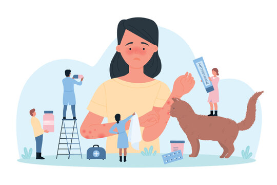 Allergy to pet fur vector illustration. Cartoon tiny people give tissue to girl with runny nose, antihistamine therapy and pills for treatment pain and inflammation, symptoms of cat hair intolerance