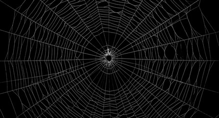 Intricate white spider web with a small spider in the center, isolated on a black background, perfect for halloween or nature themes © Salman