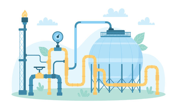 Vessel tank for oil and gas industry vector illustration. Cartoon LPG container with pipes for storage of natural gas under pressure, equipment of refinery factory, petrochemical and chemical plant