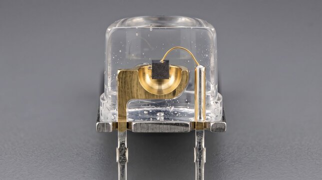 Clear light-emitting diode with gold wire bonding to a small black microchip.
