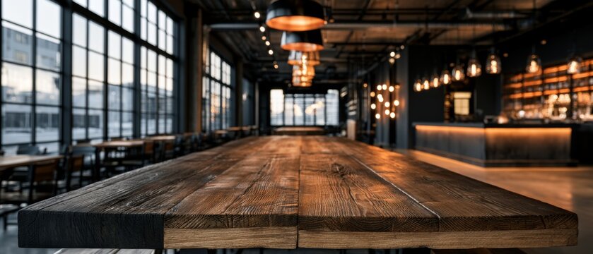 Rustic wooden table in modern industrial cafe interior with warm lights and copy space