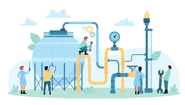 Safety control of oil and gas industry equipment vector illustration. Cartoon tiny people check LPG tank, valves and steel pipelines for leaks, workers measuring pressure in industrial container