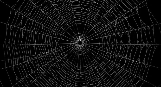 Intricate white spider web with a small spider in the center, isolated on a black background, perfect for halloween or nature themes