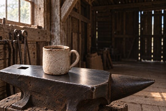 Steaming coffee mug resting on an antique blacksmith anvil in a rustic barn workshop