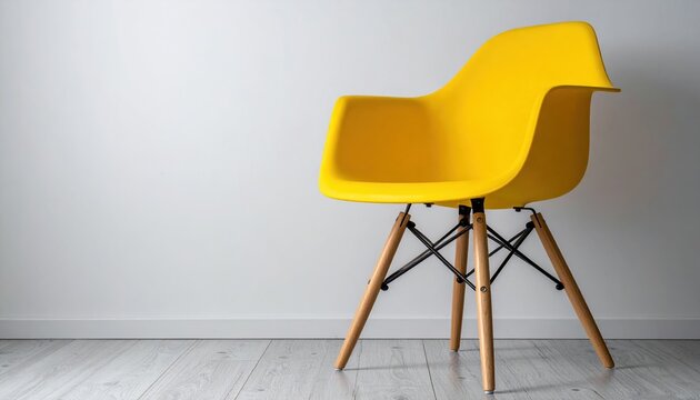 Yellow molded plastic chair with wooden legs for modern furniture and interior design concepts
