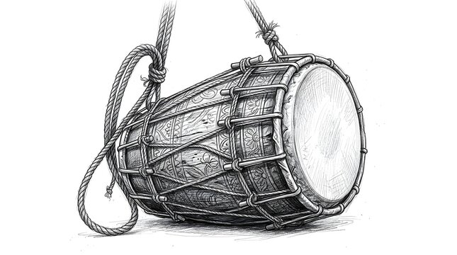 Traditional indian dholak drum hand drawn sketch illustration