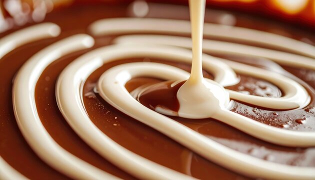 Cream drizzle forming an artistic pattern over rich dessert sauce, close-up food photography