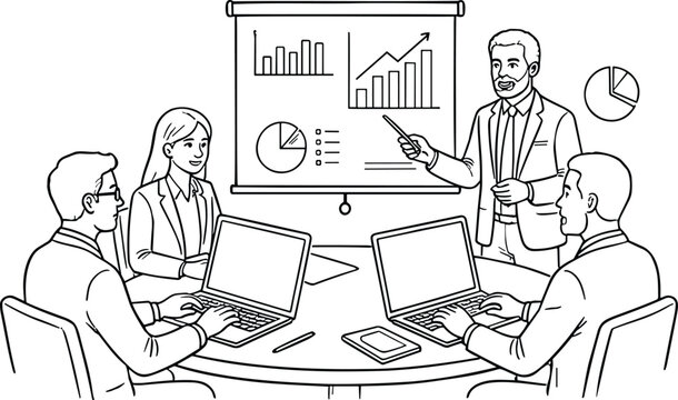 Hand drawn sketch illustration of business presenter standing charts graph presentation team round table laptops meeting vector line art.