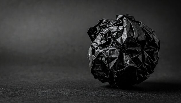 Black crumpled paper ball with rough wrinkled texture for dramatic abstract backgrounds and grunge compositions