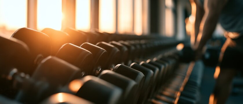 Black dumbbells on gym rack in warm sunlight with soft bokeh
