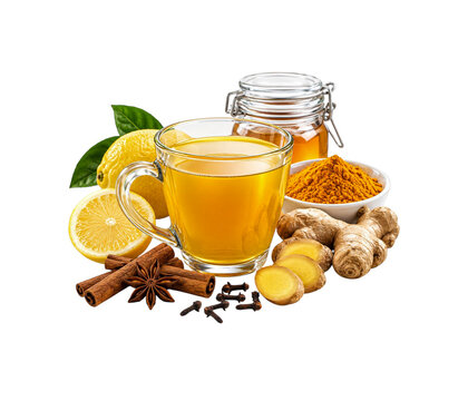Hot ginger tea with lemon, honey, turmeric and spices isolated on white background