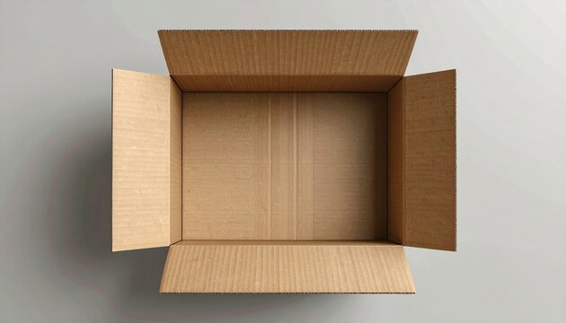 Open cardboard box viewed from above, realistic packaging mockup for product presentation