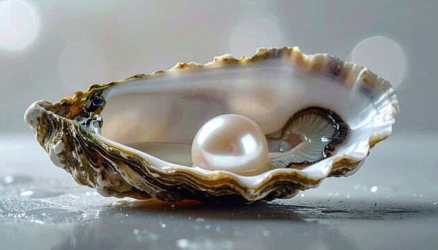 Open oyster shell containing a single lustrous pearl, luxury jewelry and natural ocean treasure