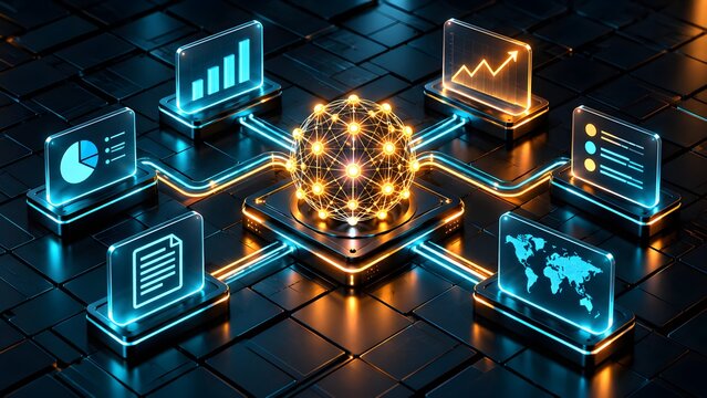 Glowing digital brain orchestrating business analytics network with glowing charts and global map icons on computer motherboard