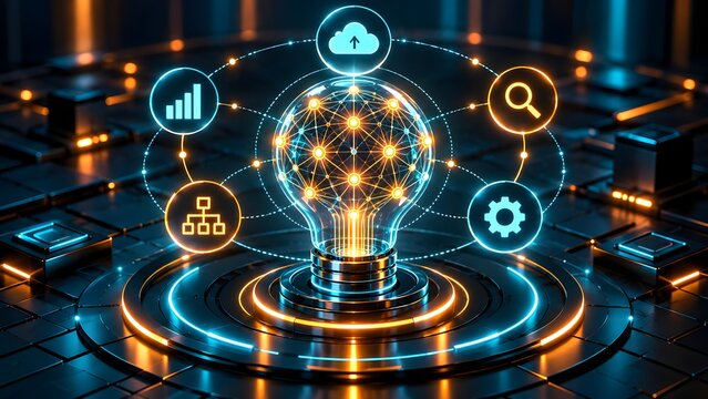 Artificial intelligence idea generation concept with glowing digital lightbulb connected to cloud computing and business strategy icons