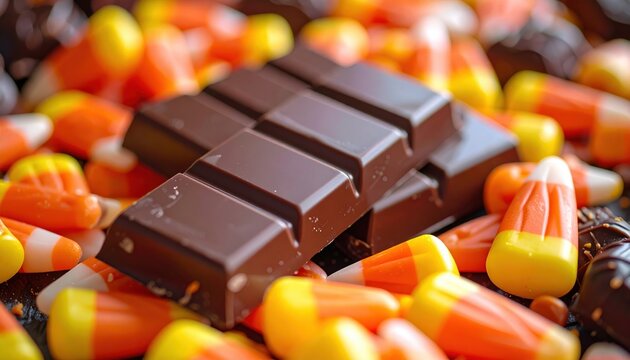 Assorted Halloween candy with orange candy corn and wrapped chocolate bars for festive party celebrations