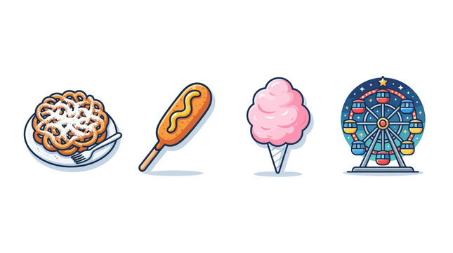Celebrating National Fair Food Day with carnival icons of funnel cake corn dog cotton candy and ferris wheel vector illustrations