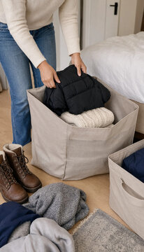 Person arranging black jacket and warm knitwear into a storage bin with organizing closet winter jacket knitted sweater wardrobe organization home storage closet management folded clothin