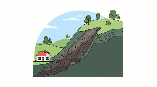 Educational illustration of a landslide event occurring on a hillside near a residential house.