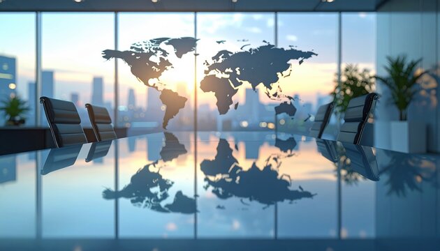 Blurred modern office background with world map reflected on a glossy table