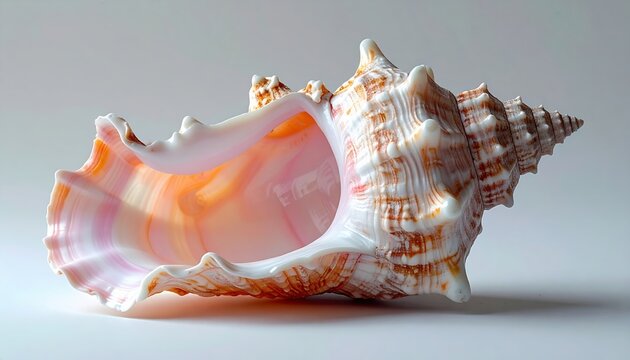 Detailed conch shell with textured exterior and soft pink interior, natural marine object photography