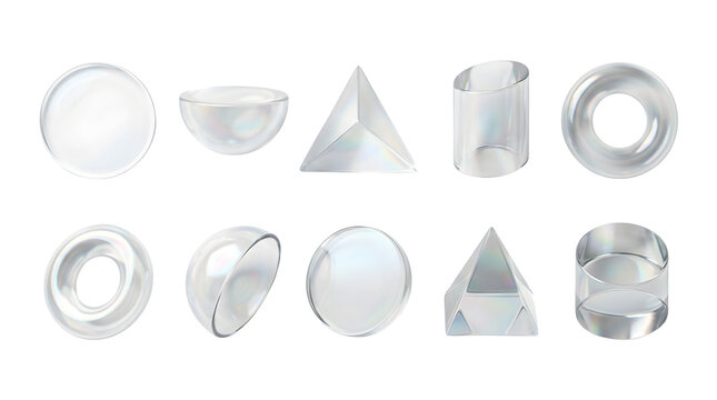 Transparent glass geometric shapes set, 10 crystal 3D objects on white background, clear acrylic prism and sphere collection