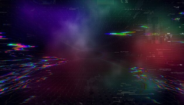 ハニカム構造の床とグリッチノイズが広がるダークなサイバー背景　Dark Cyber Background with Honeycomb Floor and Glitch Noise
