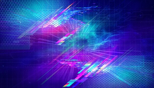 ディープブルーの空間にハニカム模様とデジタルノイズが走る背景　Background with Honeycomb Patterns and Digital Noise in Deep Blue Space