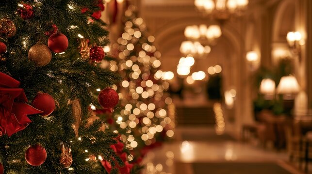 Elegant yuletide ambiance timeless refinement concept exclusivity close up surreal upscale hotel lobby Overlay. 