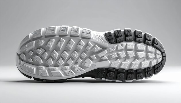 Athletic shoe sole with detailed textured tread pattern, sports footwear technology